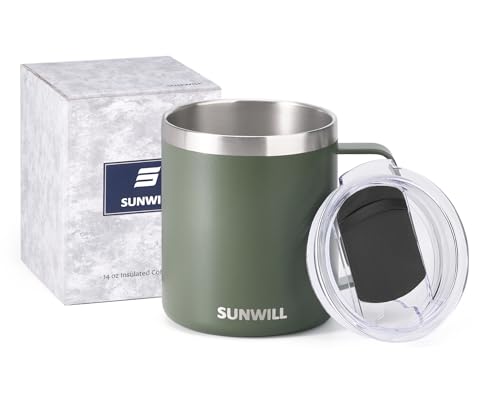 Image of SUNWILL Travel Coffee Mug with Lid, Insulated Tumbler with Handle, 14 oz Stainless Steel Cup for Home, Office, Camping, Powder Coated Camp Green