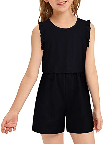 Kimoda Girls Rompers Size 10-12 Black Ruffle Sleeve Jumpsuits With Side Pockets One Piece Summer Outfits For Girl #TOP1