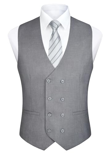 Enlision Chaleco Hombre Doble Pecho con Cuello en V Slim Fit Traje Chaleco Casual Formal Business Vestido Gris M