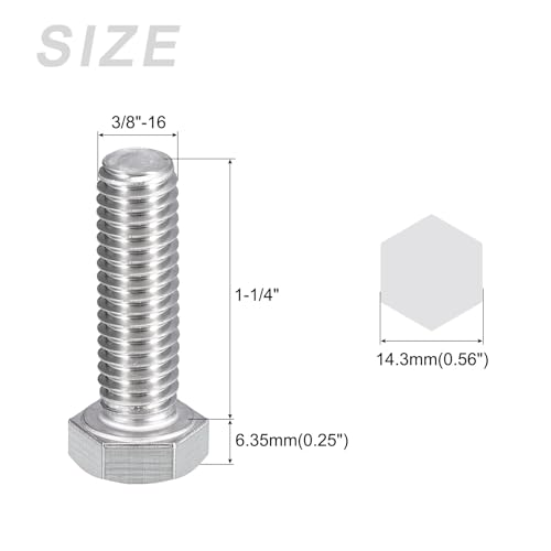 Image of METALLIXITY Hex Head Bolts (3 /8-16 x 1-1 /4 inch) 8Pcs, 304 Stainless Steel 18-8, Fully Threaded, External Hex Drive, Plain Finish, Hex Head Screw Bolt, Silver