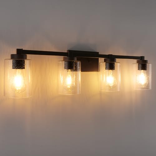Image of Beionxii Bathroom Vanity Lights, 4-Light Vintage Wall Sconce Light Fixtures, Oil Rubbed Bronze Finish with Clear Seeded Glass - MB9002 Series