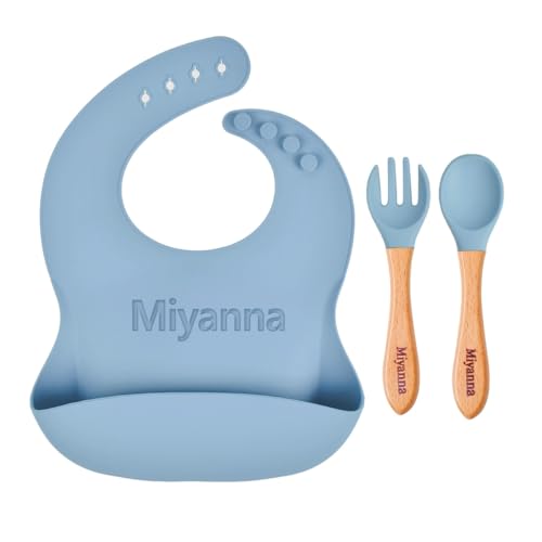 guccde Personalized Silicone Baby Bib,Custom Toddlers Spoon and Fork with Name,Baby Feeding Set,Baby Birthday Gift for Boy & Girl