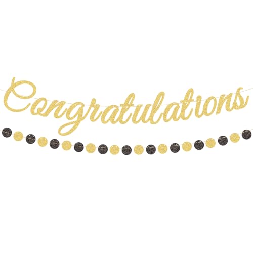 Gold Glitter Congratulations Banner with Black and Gold Circle Garland – Pre-Strung Graduation, Prom Decoration for Class of 2025, Retirement, Engagement, Baby Shower, and Achievement Party Supplies