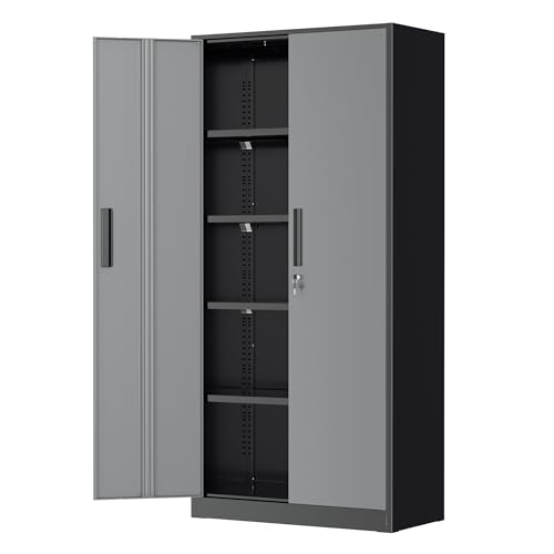 Image of Greenvelly Metal Storage Cabinet, Locking Steel Garage Cabinets with Doors and Adjustable Shelves, Metal Tool Cabinets for Garage,Home Office,School (Black Grey)