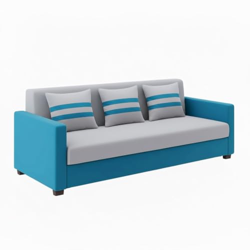 Image of FURNY Lifestylio 3 Seater Fabric Sofa Set (Light Grey-Aqua Blue) Premium Velvet Finish | Ideal for Living Rooms, Offices
