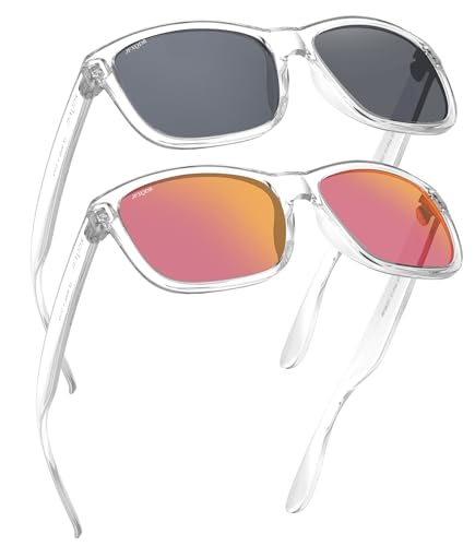 Image of 2 Pack Polarized Sunglasses for Women and Men, Fishing Driving Sun Glasses UV Glare Protection RFS8201 (Clear Frame Black Lens + Clear Frame Mirrored Pink Lens)