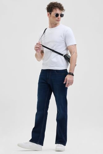 Image of SNITCH Navy Cotton Lycra Solid Bootcut Jeans
