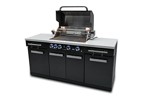 Mont Alpi Ma-957 5-Burner 63000 Btu Black Stainless Steel Outdoor Kitchen Bar Gas Island Grill W/ Infrared Rear Burner + Rotisserie Kit + Granite Countertop + Storage Cabinets & Full Weather Cover #TOP1