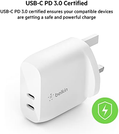 Belkin 40W USB Type C PD Wall Charger (Dual USB-C Ports for 20W Per Port Fast Power Delivery Enabled Charging for iPhone 14/14 Plus, 13, 13 Pro, 13 Pro Max, Mini, iPad Pro, Galaxy, and More)