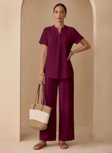 Image of TOPLOT Women's Co-ord Set | Stylish Matching Top & Bottom Set | Notch Neckline with Button Detail | Loose-Fit, Short-Sleeve Top with a Relaxed Silhouette |Ideal for Casual (5250)