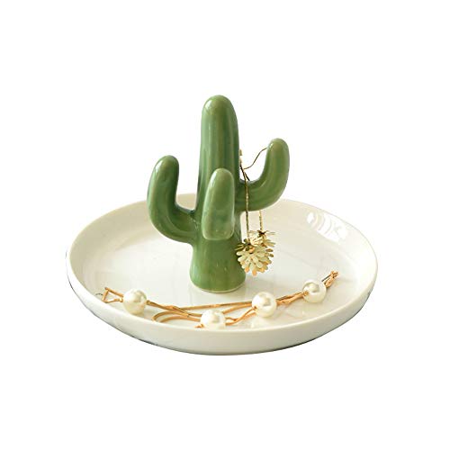 Cactus Plato de soporte de anillo para joyería, Bandeja de cerámica suculenta de joyería Pantalla del organizador...