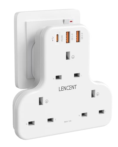 LENCENT 3 Way Plug Adaptor with 3 USB Slots PD&QC 20W, Multi Plug Extension 3 Plugs USB Socket