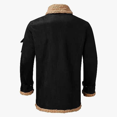 Mmoneyake Mens Sherpa Lined Jacket Suede Leather Zip Up Military Cargo Jacket Warm Trucker Coat Multi-Pocket Parka Jacket4