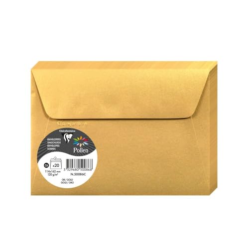 Clairefontaine 50086C - Packung mit 20 Umschläge Pollen selbstklebend, Format C6 11,4x16,2cm, 120g, ideal für Ihre Einladungen und Korrespondenz, Gold, 1 Pack