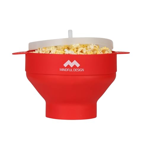 The Original Mindful Design Collapsible Microwave Popcorn Popper - Silicone Bowl, BPA-Free & Dishwasher Safe (Red)
