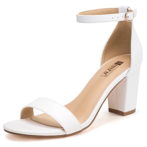 IDIFU Women's White Heels 3 Inch Block Chunky Open Toe Ankle Strap Heel