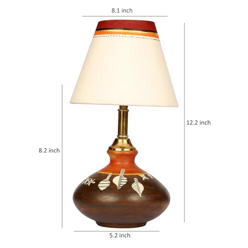 Image of AAKRITI ART CREATIONS Terracotta Table Lamp for Study Room, Bedroom & Living Room Decoration | Floral Hand-Painted Leaf Motif Bedside Lamp with Cotton Fabric Shade | Aesthetic Night Lamp