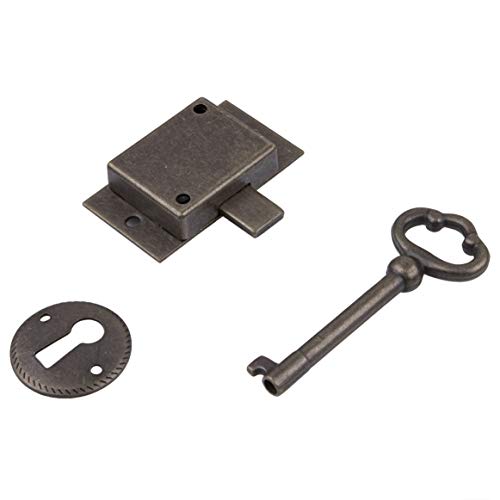Small Antique Brass Flush Mount Cabinet Door Lock with Key - 1" Wide x 1 3/4" High - Vintage Lock and Key for Furniture Doors and Drawers | UA-030-LAB