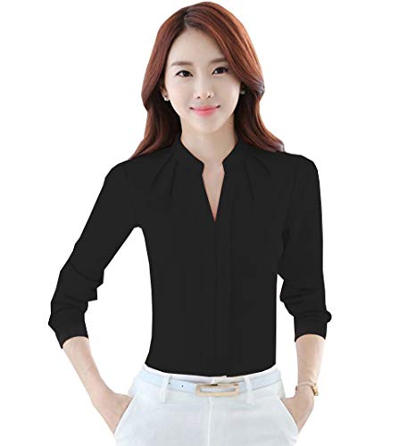 Image of Alaine Women Blouse Long Sleeve Office Lady Shirt Women Tops (Black, Small)