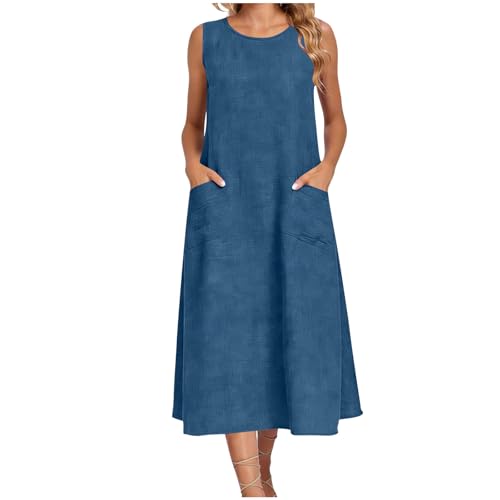TPSKVT Dresses for Women 2026 Sleeveless Midi Dress with Pockets Lightweight Fashion Solid Color Loose Flowy Beach Dress