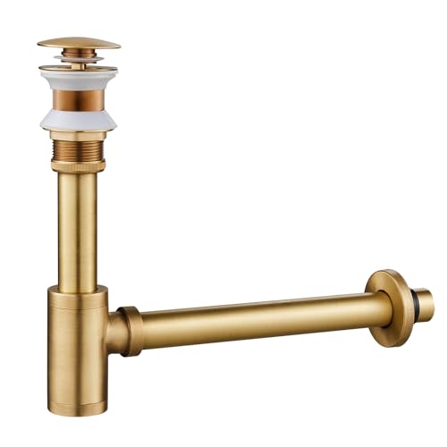 OUGOO Bathroom Sink P-Trap Basin Waste Plumbing Fittings Complete Set, Adjustable 1-1/4 Bottle Trap, Brass Sink Waste Trap Drain Tube Kit and Pop Up Sink Drain whthout Overflow, Gold