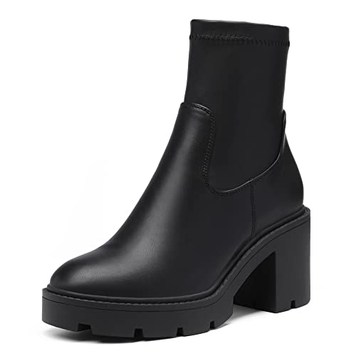 DREAM PAIRS Women's Chelsea Platform Boots Elastic Chunky Heel Lug Sole Ankle Booties Shoes 9 Black/Pu