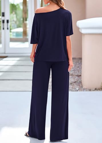 KIRUNDO Lounge Sets for Women Airport Travel Outfit 2026 Summer Off the Shoulder Tops Wide Leg Pants 2 Piece Matching Set(Navy, X-Large) — view 2