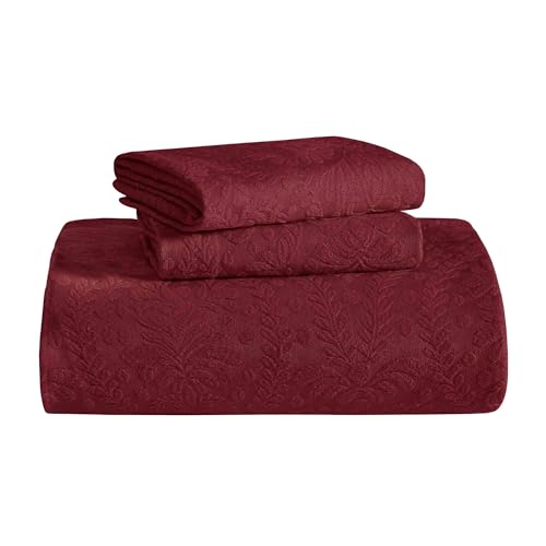 Superior Aspen Cotton Blend 2 Piece Bedspread Set, Oversized Bedspread, 1 Pillow Sham, Medium Weight Blanket, Home Bed Decor, Floral Scalloped, Matelasse Coverlet, Bedding Essential, Twin, Burgundy