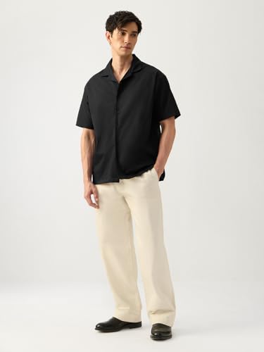 Image of The Souled Store: Seal Men and Boys Short Sleeve Cuban Collar Black Solid Polyester Casual Lightweight Drop Shoulder Streetwear Trendy Basic Oversized Shirt