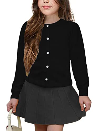 UELoop Mädchen-Strickjacke mit Rundhalsausschnitt [niedliche Blütenblatt-Knöpfe] Baumwolle Langarm Uniform Pullover für Size 9-10 9 10 Jahre Mädchen Schwarz