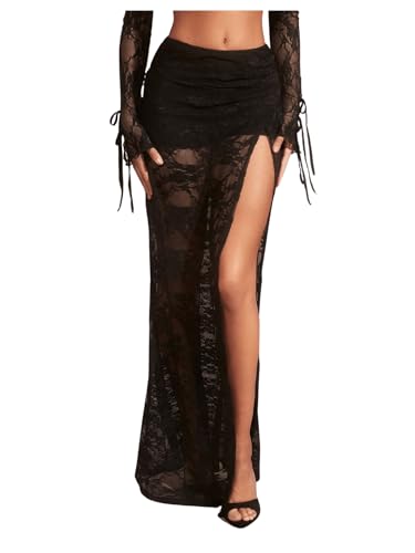 Verdusa Women's Floral Lace Long Skirt with Slit Sheer Low Rise Maxi Rave Flare Skirt