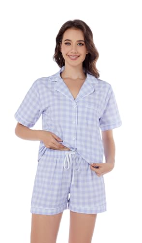 Image of LUBOT 100% Cotton Pajamas for Women 2 Piece PJ Set Poplin Woven Lightweight Ladies Button Short Sleeve Sleepwear S-XXL