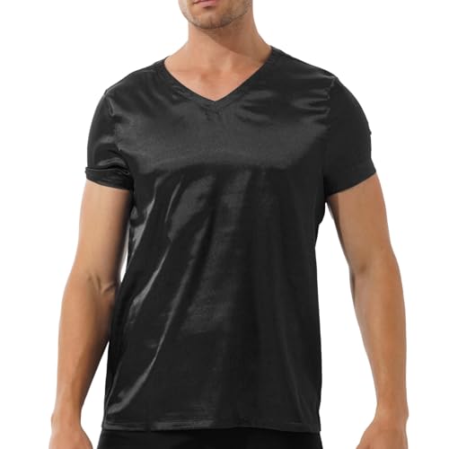 Men's V Neck Short Sleeve Satin T-Shirt Loose Pajamas Tops Solid Color Loungewear Sleepwear