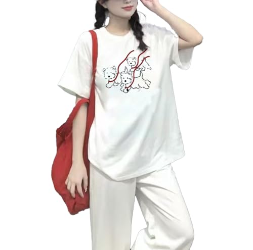 Y2K Kawaii Dogs Graphic T-Shirt for Women Cute Casual Harajuku Oversize Tops Round Neck Cotton Baggy Pullover