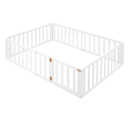 2in1 Baby Playpen Play Fence for Living Room, Full Size Wood Floor Bed Frame with