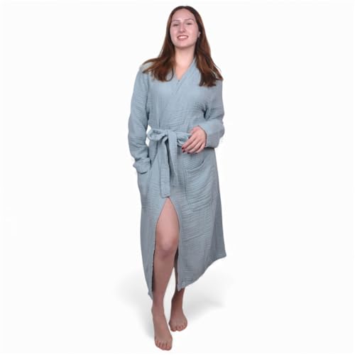 Image of Muslin Bathrobe - Cotton Gauze Robe for Women and Men - Lightweight Breathable Summer Kimono - Boho Spa /Maternity Robe