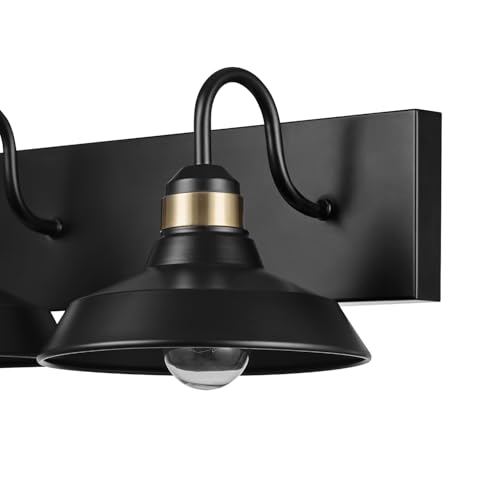 Image of Globe Electric 63000199 24 inch 3-Light Vanity Light, Matte Black, Brass Accents, Exposed Bulb, Bathroom /Makeup Mirror, Wall Light