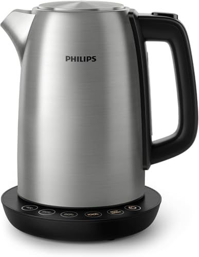 Philips Hervidor de Agua - 1.7L, Control Temp, Conservación Calor, Tapa con Resorte, Indicador Luminoso, Acero Inox, Base con Giro (HD9359/90)