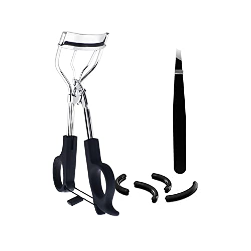 DHinkyoung Eyelash Curler with Eyebrow Tweezer and 4 Replacement Pads,Professional Lash Curler,Eye Treatment Makeup Kit for Girls Lash Curling