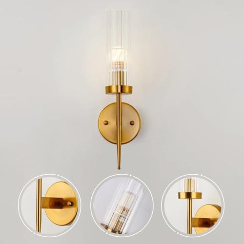 Image of Golden Mini Torchiere Wall Sconce with Fluted Cylindrical Glass for Decorative Living (Antique Finish, 01)