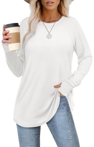 Image of XIEERDUO Womens Tunic Tops to Wear with Leggings Long Sleeve Thumb Hole Shirts Crew Neck Curved Hem