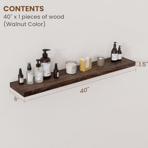 Image of Floating Shelves for Wall Decor, 8 Inch Deep Rustic Solid Elm Wood Floating Shelves Wall Mounted, Wall Shelves with Invisible Bracket for Living Room Bathroom Bedroom Kitchen, 40 Inch Set of 1, Walnut