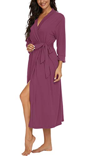 Image of VINTATRE Robes for Women Long Knit Bathrobe XS-4XL | 3 /4 Sleeve Bathrobes with Pockets, Stretchy and Lightweight Fabric, Inner Tie and Fixed Outer Belt, Mid Calf Length