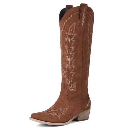 Image of Rivalran Cowboy Boots for Women - Knee High Pointed Toe Chunky Heel Pull On Zipper Western Cowgirl Boots, Retro Country Vintage Fashion Tall Boots