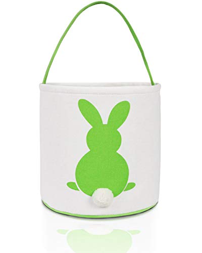 MONOBLANKS Easter Bunny Basket Bags for Kids Canvas Cotton Carrying Gift and Eggs Hunt Bag，Fluffy Tails Printed Rabbit Canvas Toys Bucket Tote (Green)