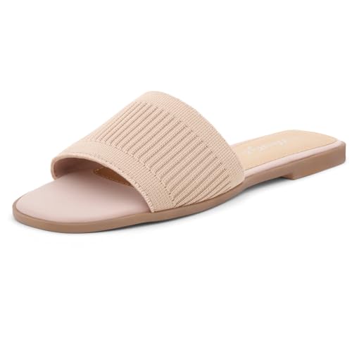 Herstyle Flat Sandals for Women, Knit Slide Sandals, Square Open Toe Slip-On, Dressy Casual Fashion Summer Shoes with Memory Foam for Travel & Vacation, BeigeKN, Size 9.0, Melvin by Herstyle - Used condition - Image 2