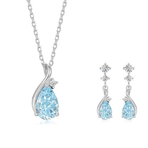 immobird Aquamarine Jewelry 925 Sterling Silver Necklace and Earring Sets for Women March Birthstone Jewelry Gift for Her