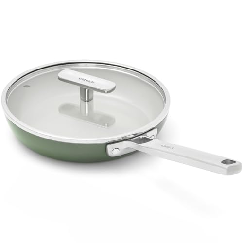 Image of Ember Cookware Arcilla Ceramic Frying Pan 20 cm with Glass Lid | 75% Less Oil Usage | Non-Toxic Non-Stick Pan for Cooking | PFAS & PFOA Free | Steel Handle- Induction Cookware | Egg Pan | Green