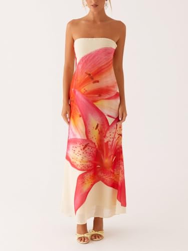 Image of Women Floral Graphic Tube Maxi Dress Bodycon Off Shoulder Bandeau Dresses Aesthetic Long Dress Summer Streetwear(Floral Orange,M)