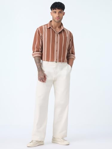 Image of The Souled Store Cotton Linen Stripes: Latte Men and Boys Long Sleeve Spread Collar Brown Striped Casual Easy to Style Everday Office Wear Cotton Linen Shirt